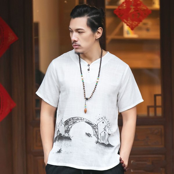 Ethnic Style Men's Cotton And Linen V-neck Short Sleeve T-shirt Men