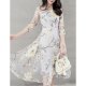 Fashion Floral Dresses Women Sophisticated Elegant Chiffon Dress, Geometric Pleated Print White