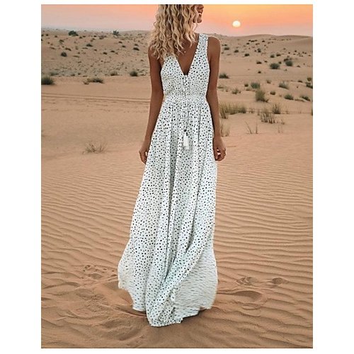 Women Boho Swing Dress, Polka Dot Print White