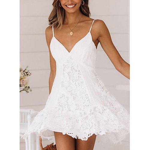 Women Basic A Line Dress, Solid Colored Lace White