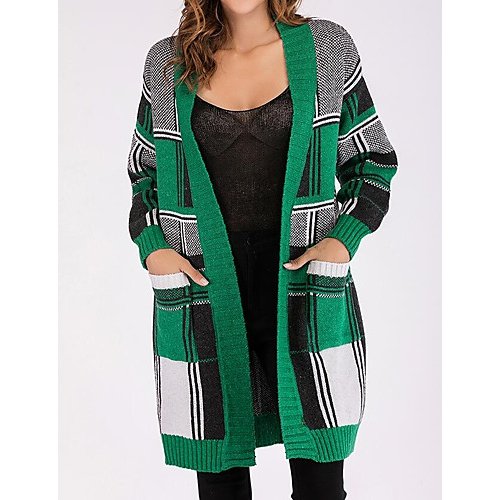 Daily plaid long-sleeved loose women long jacket, V-neck