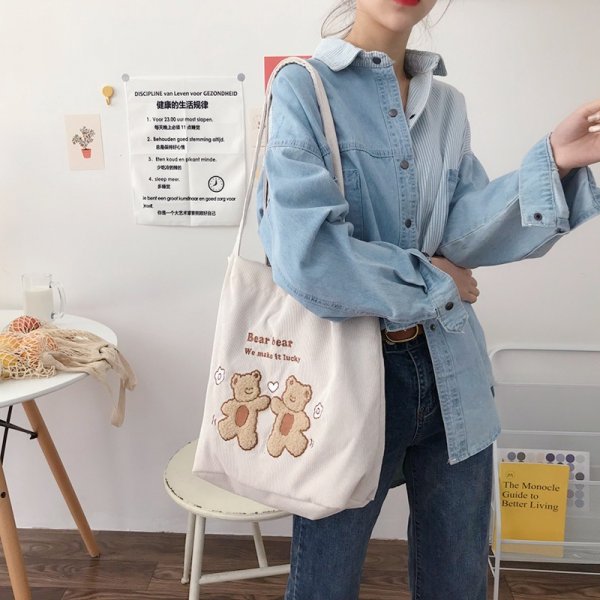 Corduroy One-Shoulder Canvas Bag Wild Bear Embroidery Bag