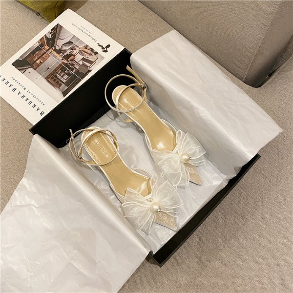 Fairy Style Lace Mesh Bow Pointed Toe Buckle Strap Stiletto Heel White High Heels