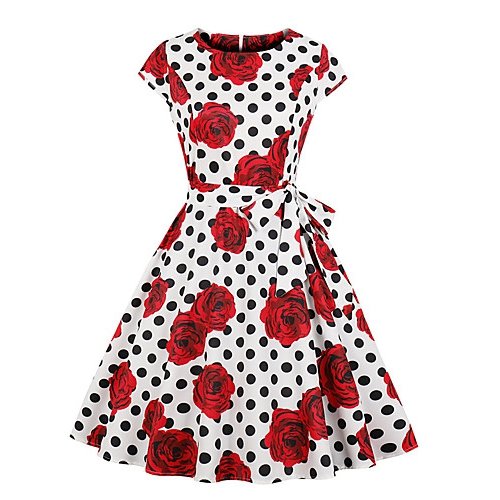 Female vintage dress, polka dot floral bow print