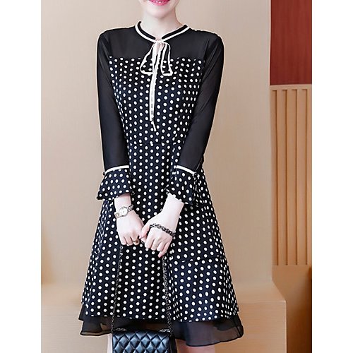 Women Slim A-line dress with polka-dot printed round neck