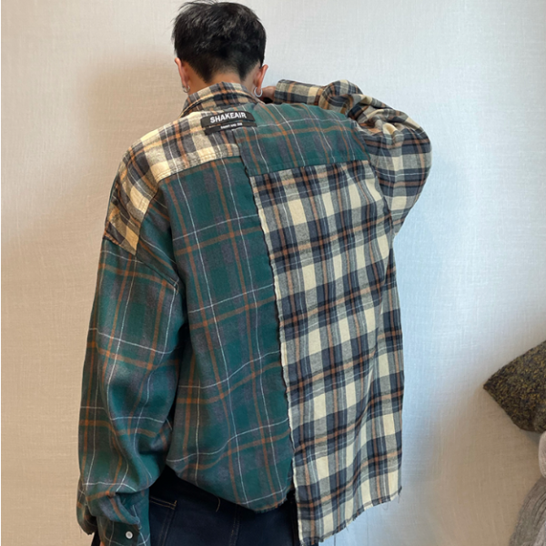 Yellow And Green Plaid Rough Edge Asymmetric Stitching Long-sleeved Shirt