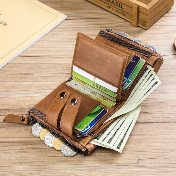 Men's Genuine Leather Retro Zipper Tri-fold Cowhide Wallet