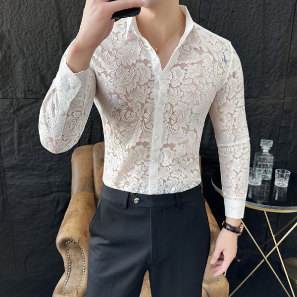 Spring And Summer Hollow Men's Polyester Long-sleeved Shirt