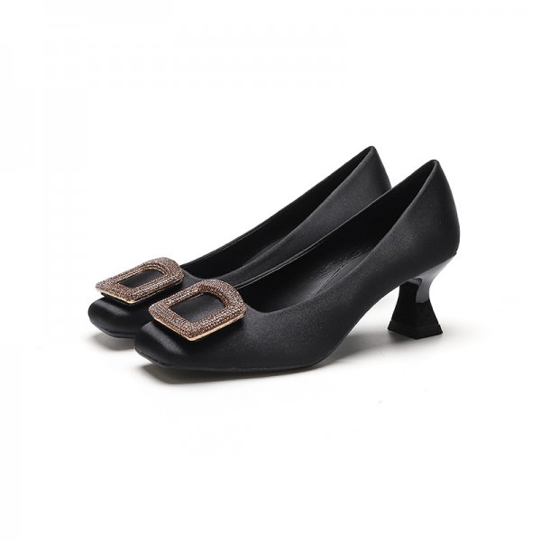 Square Toe Satin Surface High Heels Rhinestone Square Buckle