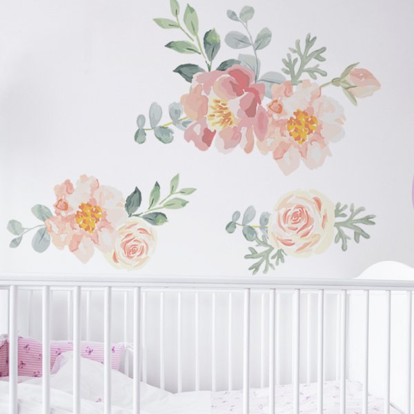 Girly Heart Pink Watercolor Plant Flowers Baby Room Dormitory Bedroom Decoration Wall Stickers