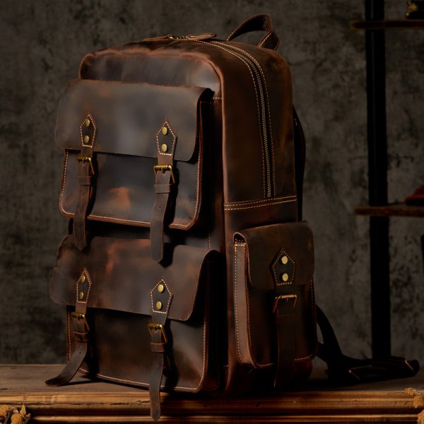 Handmade Crazy Horse Leather Backpack For Men's Retro Travel