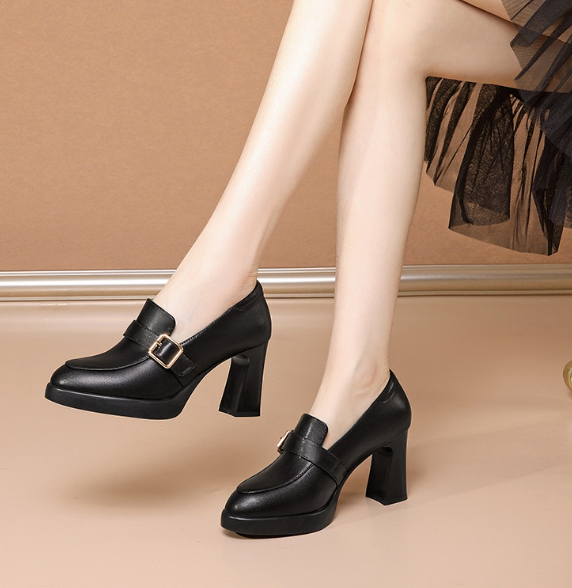 Comfortable European And American Low-cut Fashion Square Buckle British Style High Heels