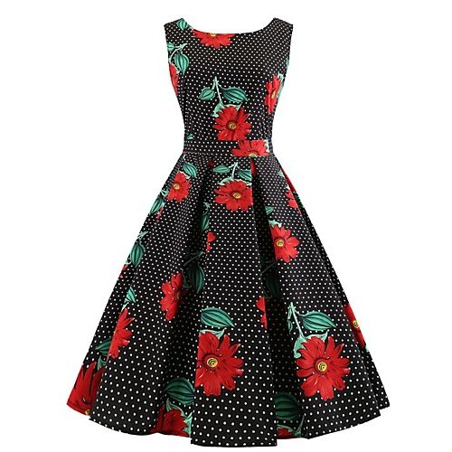 Female retro elegant dress, polka dot floral pattern