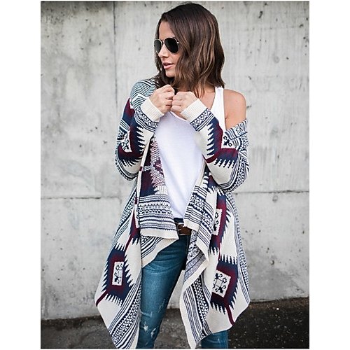 Women daily chic geometric print long-sleeved cardigan, V-neck