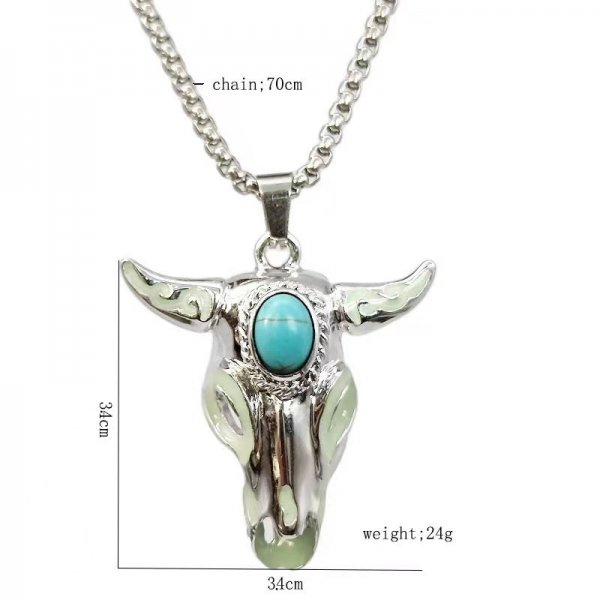 Punk Fashion Turquoise Skull Bull Head Stainless Steel Pendant Necklace