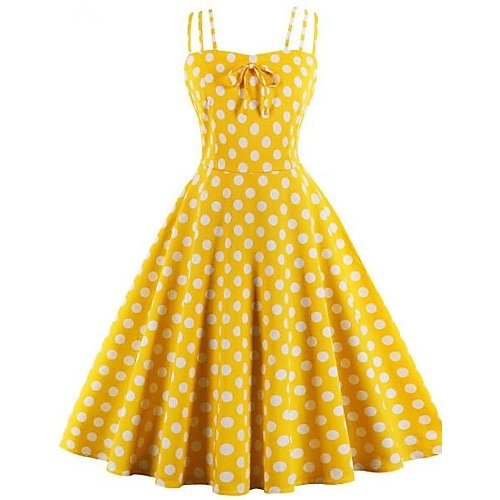 Women retro A line dress, dot print strap