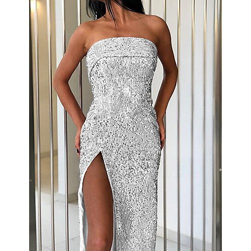 Women Vintage Sophisticated Trumpet, Mermaid Dress, Solid Colored Sequins Split White