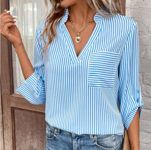 Women's V-neck Pullover Striped Printed Long Sleeves Casual Shirt