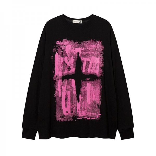 Men's Dark Color Graffiti Printing Long-sleeved T-shirt