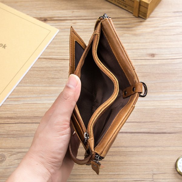 Men's Genuine Leather Retro Zipper Tri-fold Cowhide Wallet