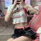 Dark Cartoon Print Crew Neck Short Sleeve Crop Navel T-Shirt