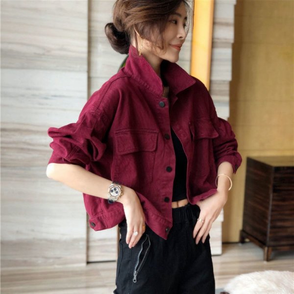 Red Workwear Denim Jacket Women's Short Jacket Top