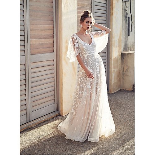 Women Holiday Maxi Slim Swing Dress With Tail Open Back Butterfly Sleeve Floral Lace V Neck Robe Femme Vestidos White Lace Dress