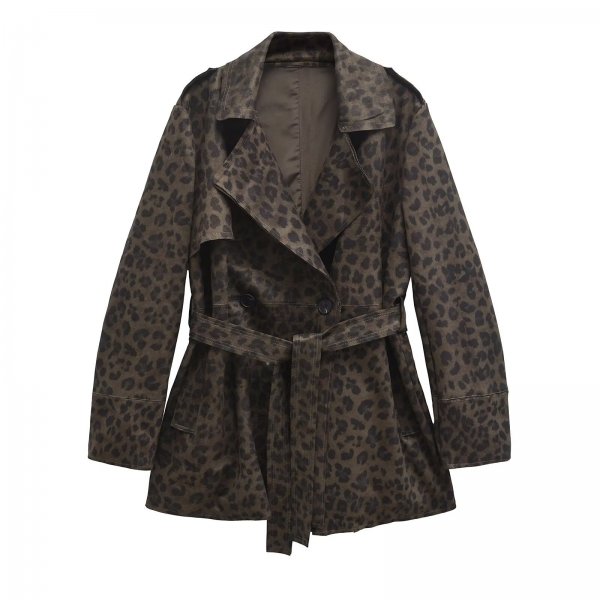 Women's Leopard Print Lapel Closing Belt Long Sleeve Coat