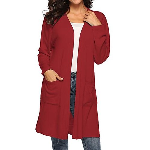 Female long-sleeved loose long weekend plain jacket, V-neck