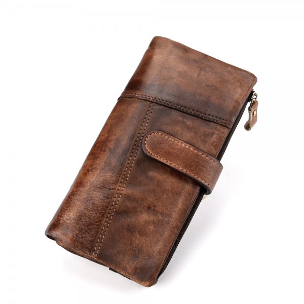 Vintage Rubbed Leather Fashion Stitching Long Wallet