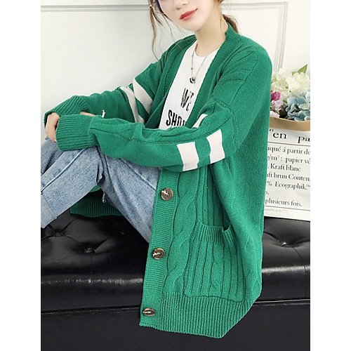 Female long-sleeved cardigan daily color block, V-neck