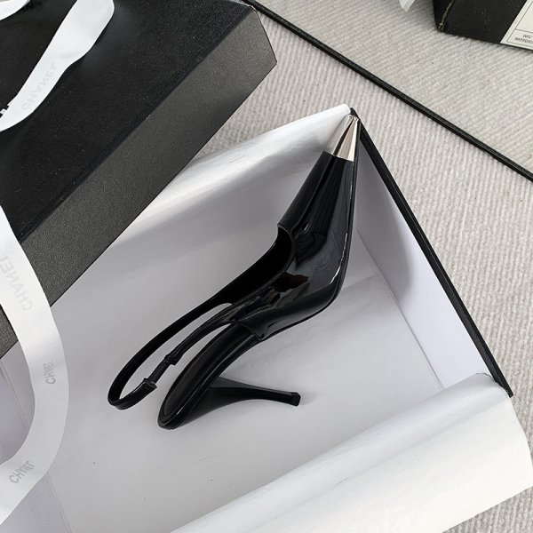 Black Square Toe Metal Rear Empty Ankle-strap High Heels