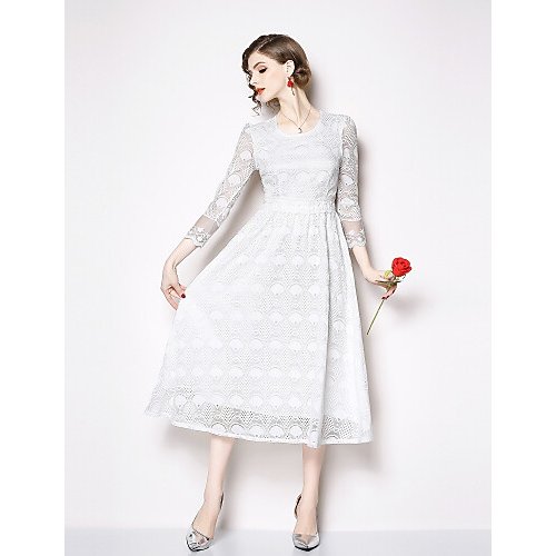 Women Sophisticated Swing Dress, Solid Colored Lace White