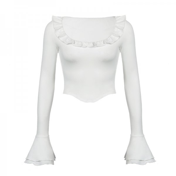 Tree Fungus-like Lacework Round Neck Long Sleeve Flared Sleeves Top