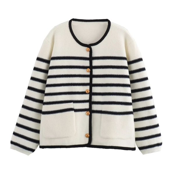 Women's Simple Black And White Horizontal Stripes Knitted Cardigan Jacket