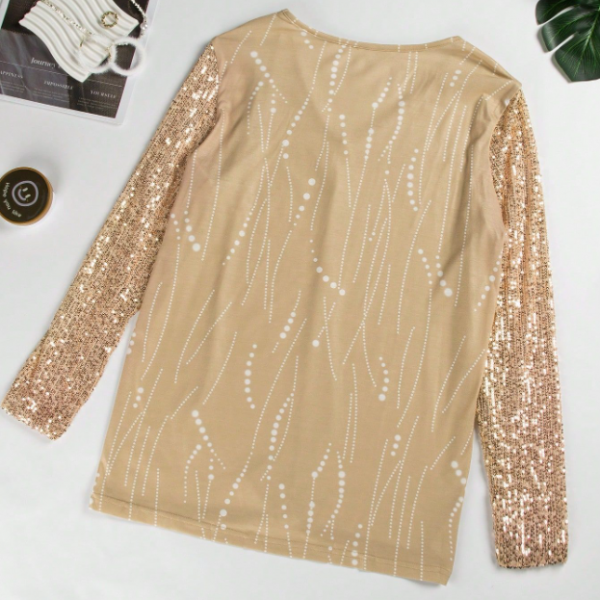 Milk Silk V-neck Sequins Long Sleeve Pullover Top Women