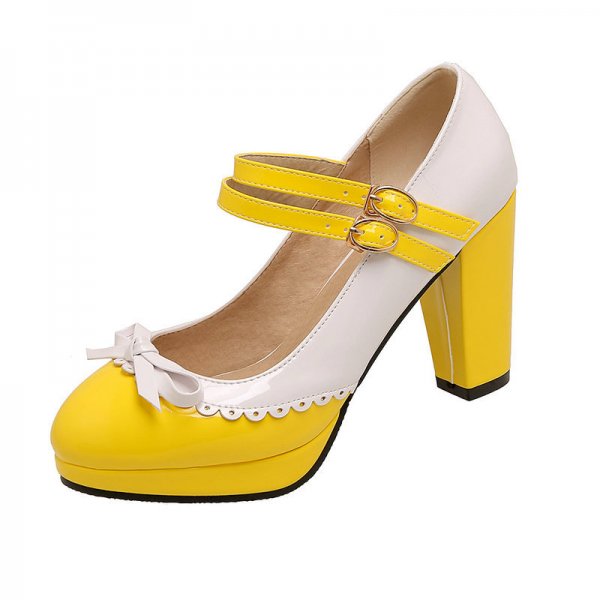 Round Toe Bowknot Color Matching Patent Leather Hollow Buckle High Heels