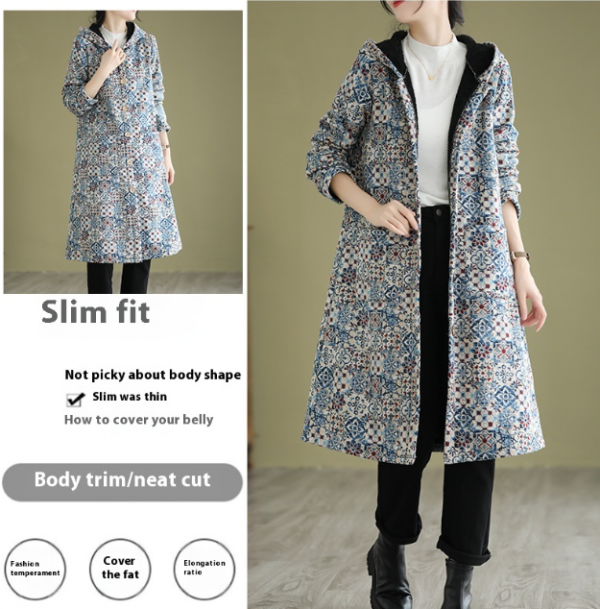 Ethnic Style Fleece-lined Thick Mid-length Hooded Jacket