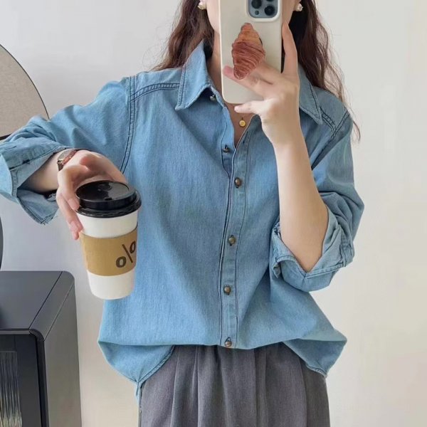 Blue Denim Shirt Jacket Women's Small Long-sleeved Top