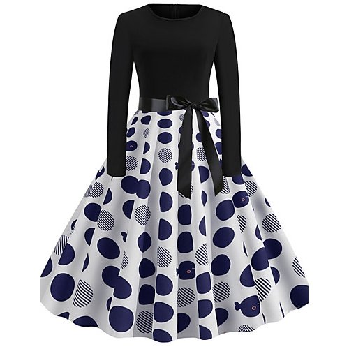 Female retro A-line dress patchwork printing