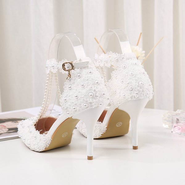 New Lace Beaded Solid Color Pointed PU High Heels