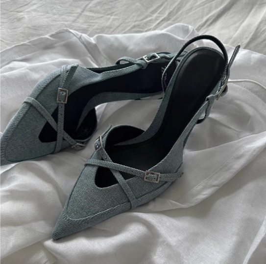 Pointed Stiletto Heel Denim High Heels Summer Niche Temperament Buckle