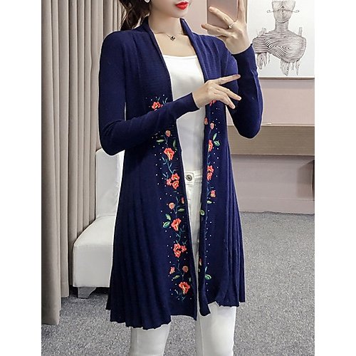 Female long-sleeved floral day long coat, V-neck