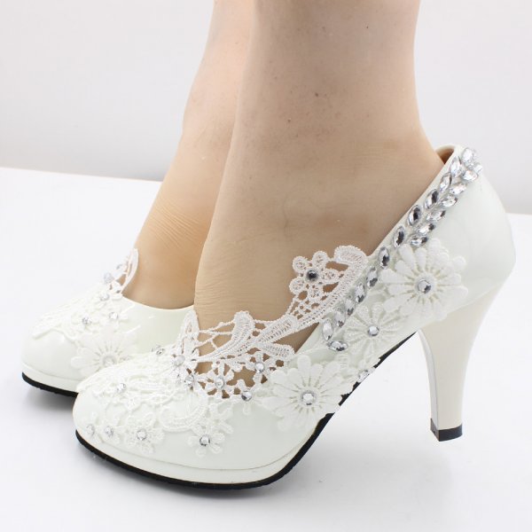 Lace Silver Sequins Adorn White Wedding High Heels