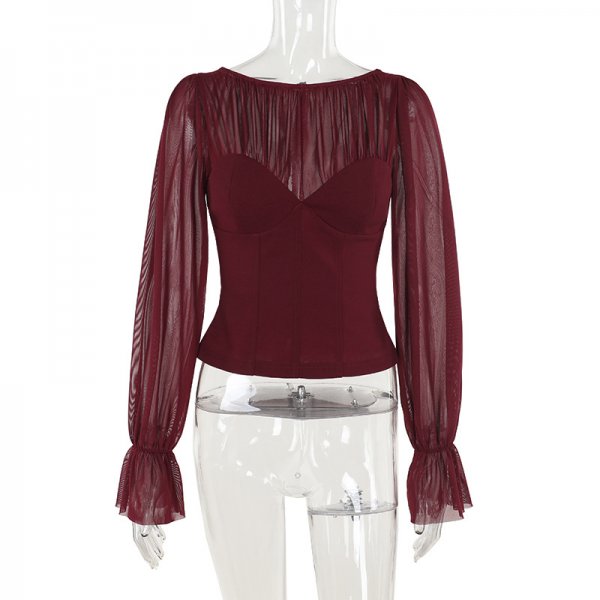 Fashionable Slim-fit Mesh Stitching Micro-transparent Top