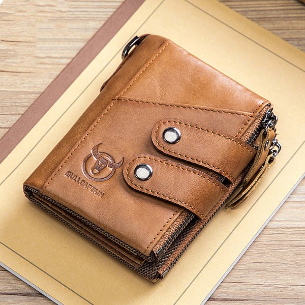 Men's Genuine Leather Retro Zipper Tri-fold Cowhide Wallet