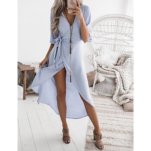 Women Daily Basic Asymmetrical Loose Wrap Dress, Solid Colored Lace up Deep V Cotton White