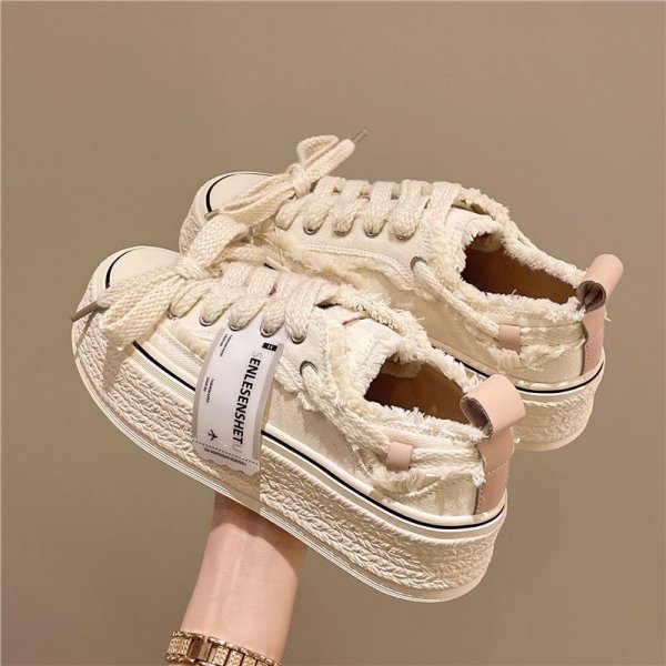 Women's High-rise Lace-up Woven Canvas White Shoes