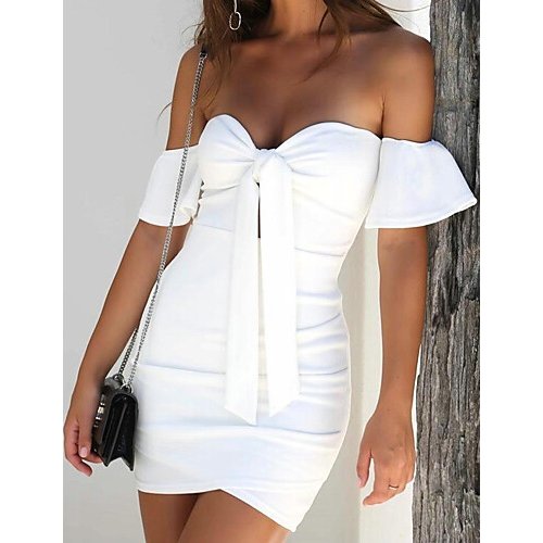 Women Off Shoulder Daily Going out Basic Slim Bodycon Dress, Solid Color White Strapless Off Shoulder