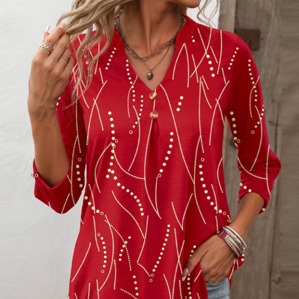 Women's Casual Button Geometric Printed Long-sleeved T-shirt